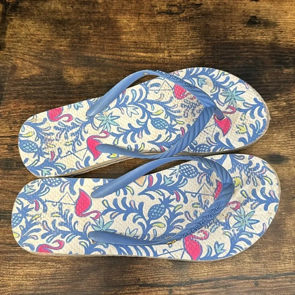 Vineyard Vines Blue Pink Flamingo‎ Pineapple Flip Flop Pool Sandals Size 4/5